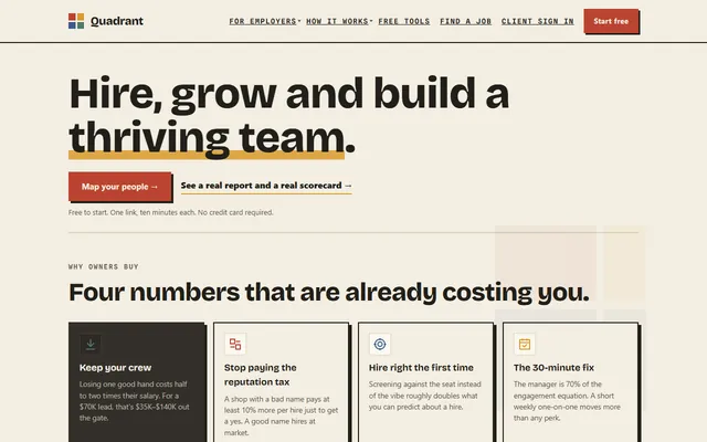 Home page of disc-quadrant.com: a cream page with the headline Hire, grow and build a thriving team above four cards of costly numbers.