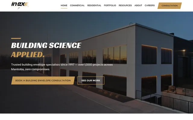 Home page of inexplastering.com: a commercial building at dusk under the headline Building Science Applied.