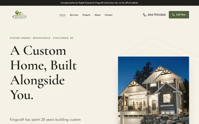Concept home page for Kingcraft Construction: a custom home at dusk beside the headline A Custom Home, Built Alongside You.