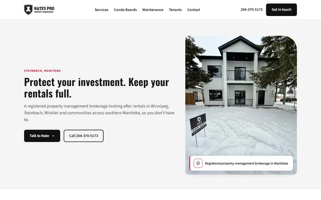 Preview of Nate&rsquo;s Pro Property Management: a rental house under the headline Protect your investment. Keep your rentals full.