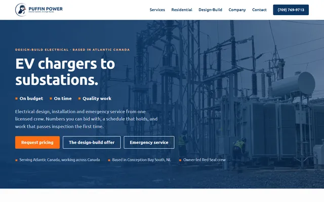 Home page of puffinpower.ca: a substation photo under the headline EV chargers to substations.