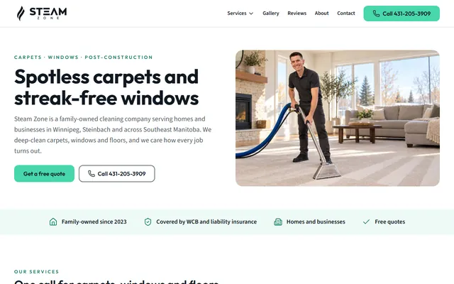 Home page of steamzone.ca: a technician cleaning a living room carpet under the headline Spotless carpets and streak-free windows.